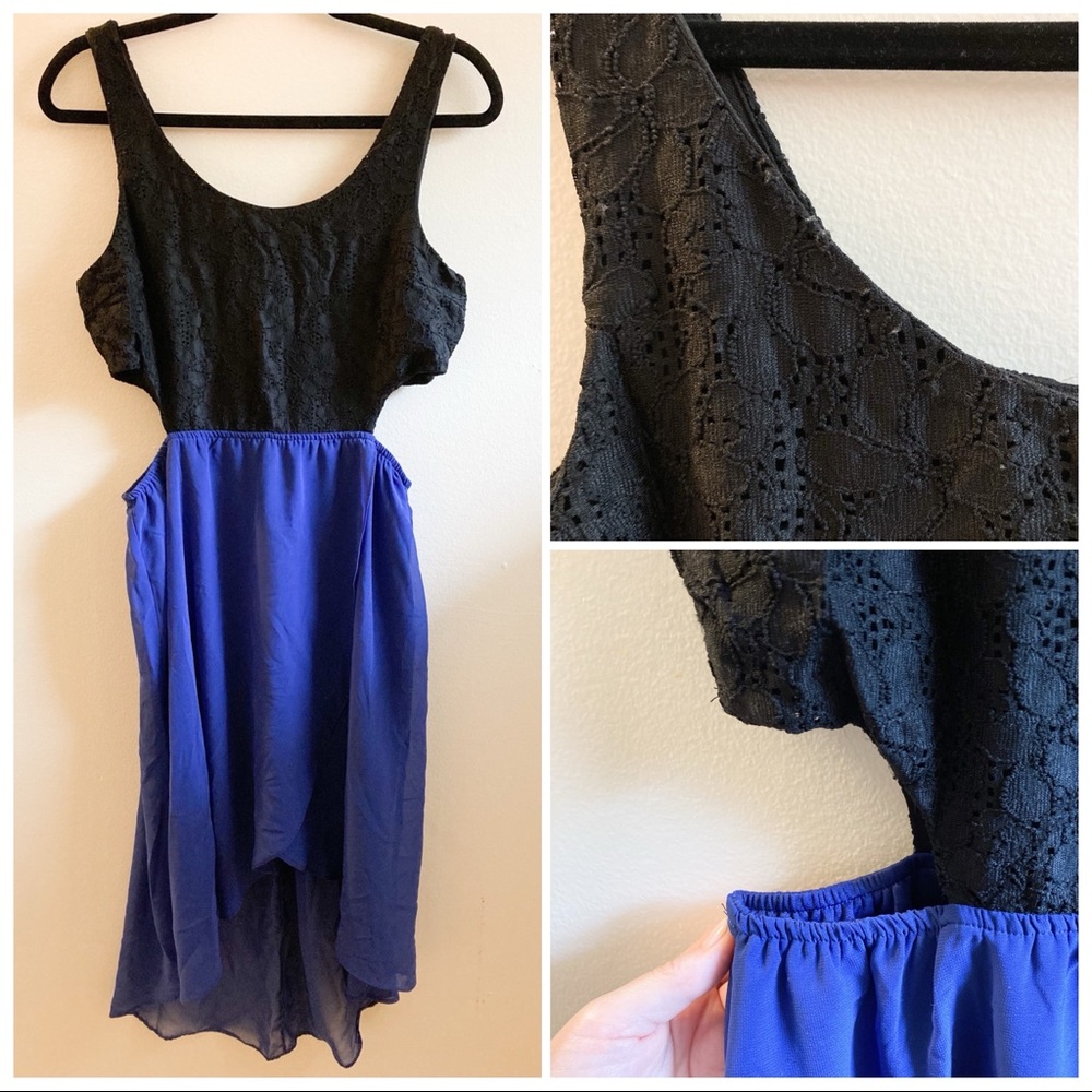 Rhapsody Dress Black & Blue Sleeveless High Low w/ Cutouts Jr XL EUC